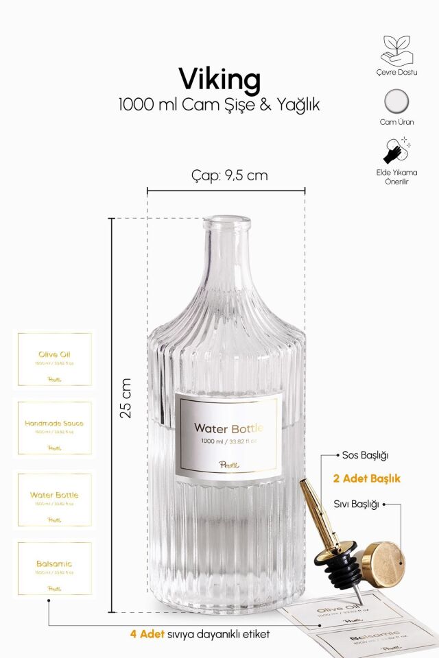 Perotti Viking 1000 ml Cam Şişe ve Yağlık Gold Kapaklı Çift Kapaklı