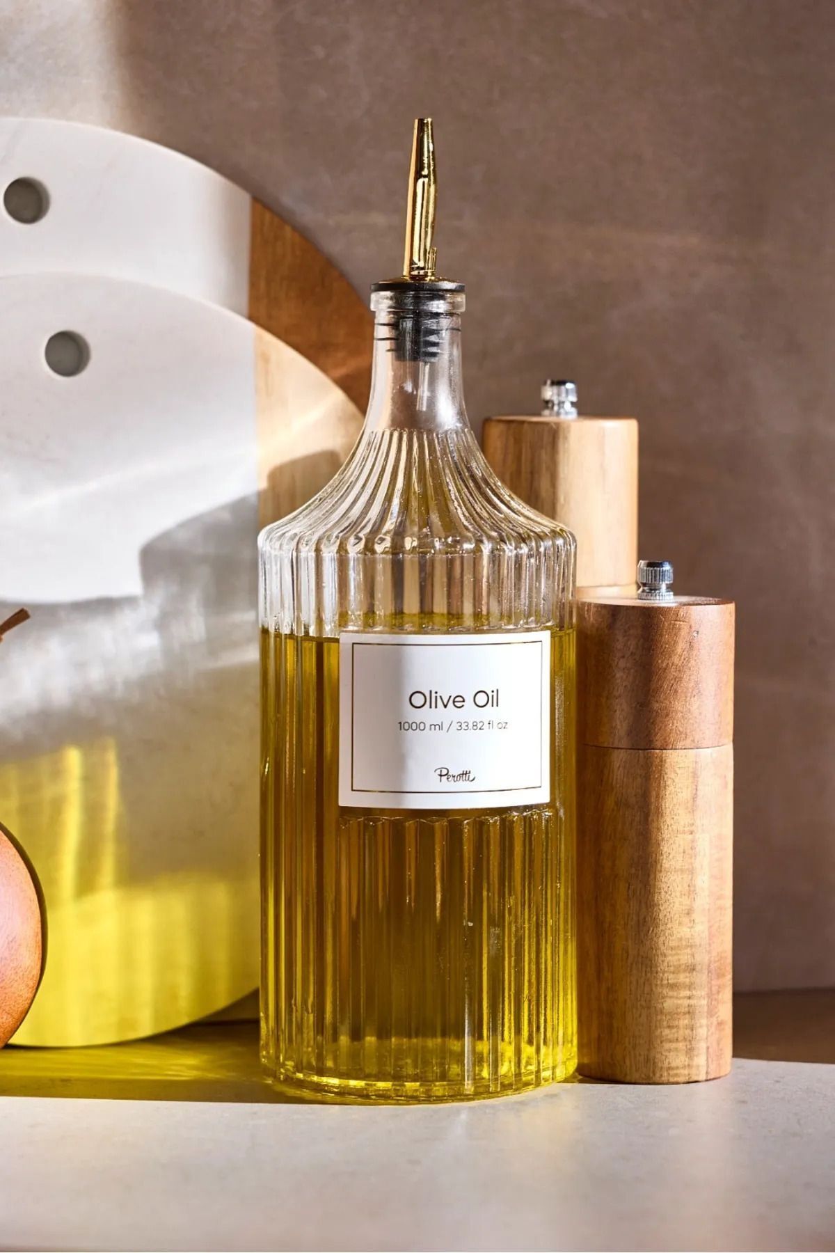 Perotti Viking 1000 ml Cam Şişe ve Yağlık Gold Kapaklı Çift Kapaklı