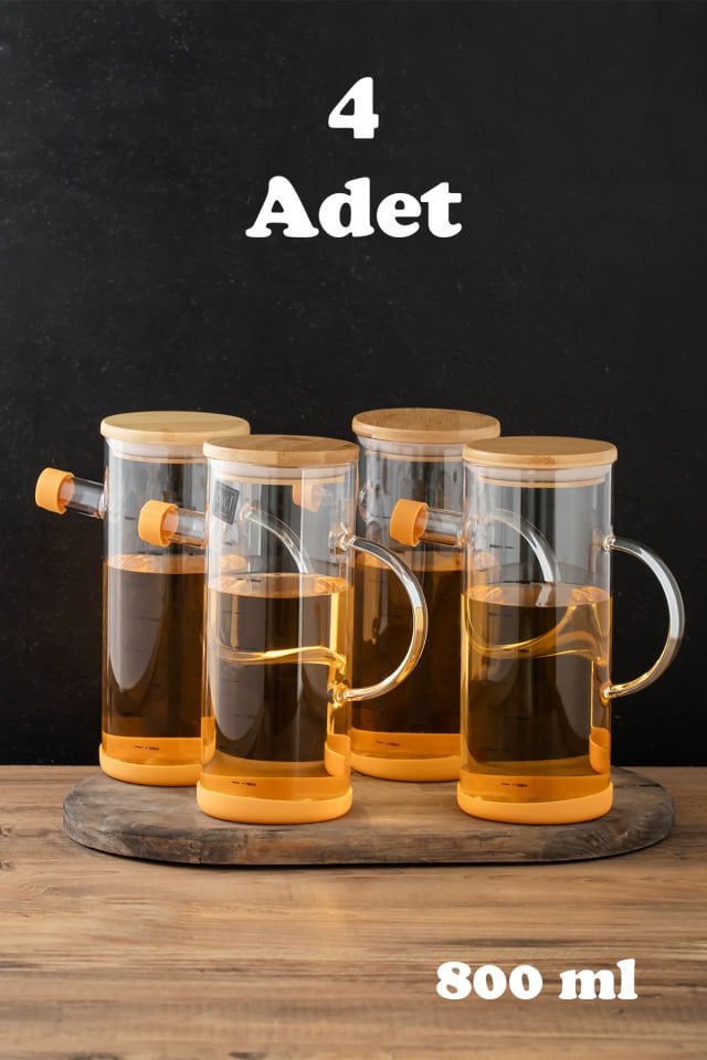 Porsima 401275 4'lü Alisa Bambu Kapaklı Borosilikat Ölçekli Cam Yağlık Silikon Tabanlı Yağdanlık 800 mL
