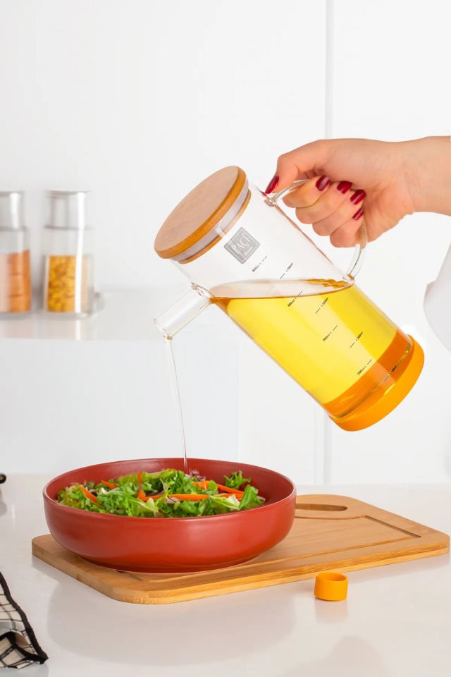 Porsima 401275 4'lü Alisa Bambu Kapaklı Borosilikat Ölçekli Cam Yağlık Silikon Tabanlı Yağdanlık 800 mL