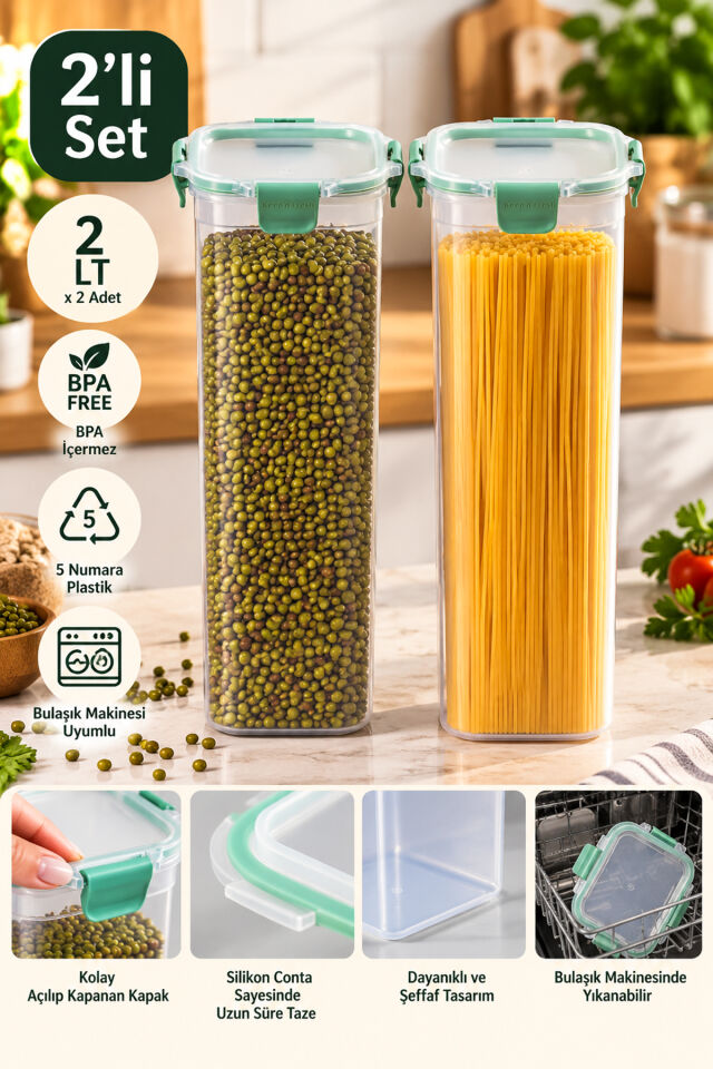 Porsima 02 2003 Tower 2'li Sızdırmaz Kilitli Kare Saklama Kabı 2 Lt - Derin Erzak Kabı Seti