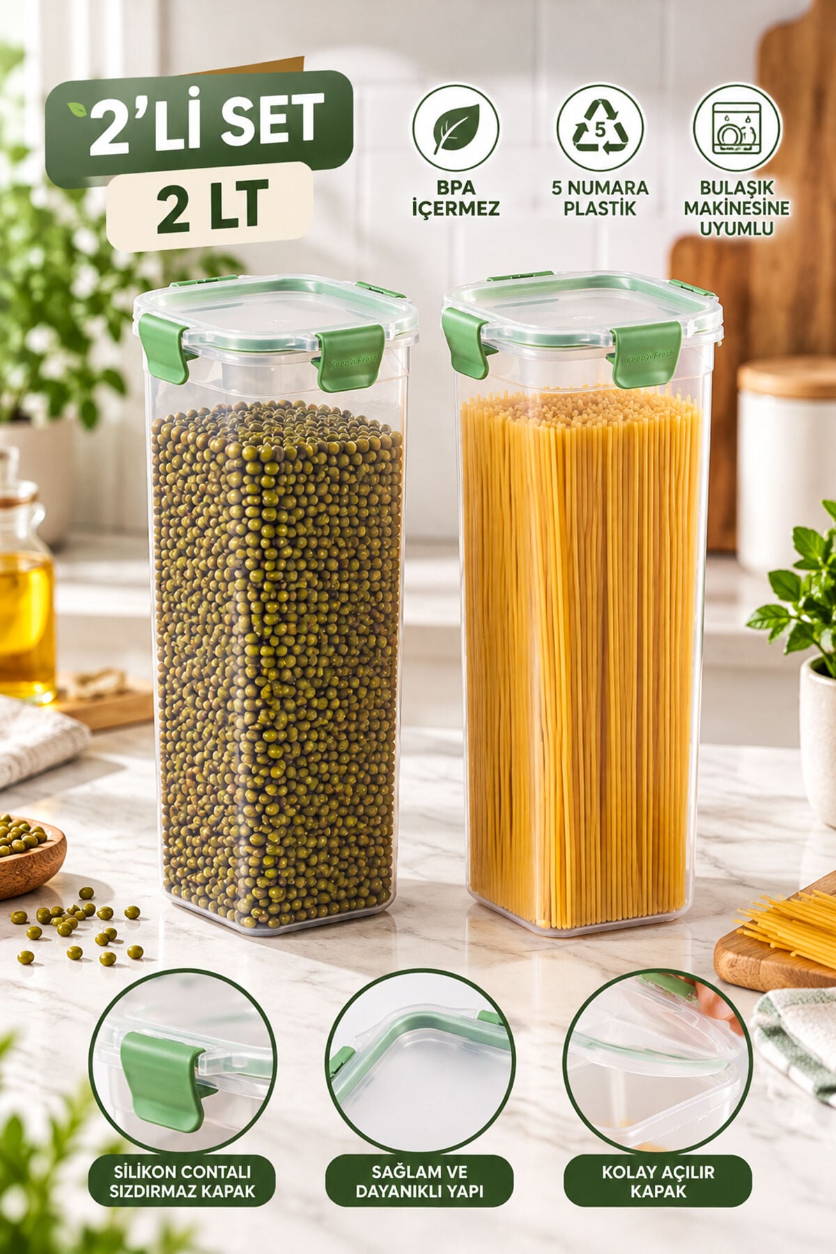 Porsima 02 2003 Tower 2'li Sızdırmaz Kilitli Kare Saklama Kabı 2 Lt - Derin Erzak Kabı Seti
