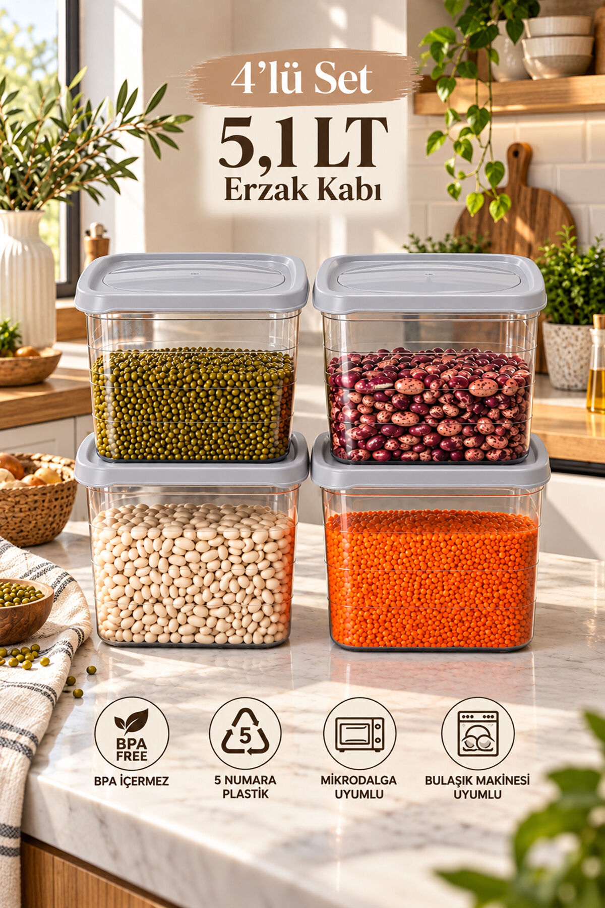 Porsima 0976 4'lü Kare Erzak Saklama Kabı Seti 5,1 LT Cool Gri - Şeffaf Bakliyat, Deterjan & Mutfak Düzenleyici Kutu
