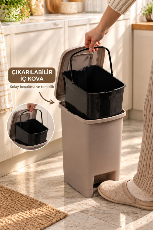 Porsima 1136 10 Lt İç Kovalı Pedallı Çöp Kovası - Slim Mutfak Ve Banyo Çöp Kovası (Cafe Latte)