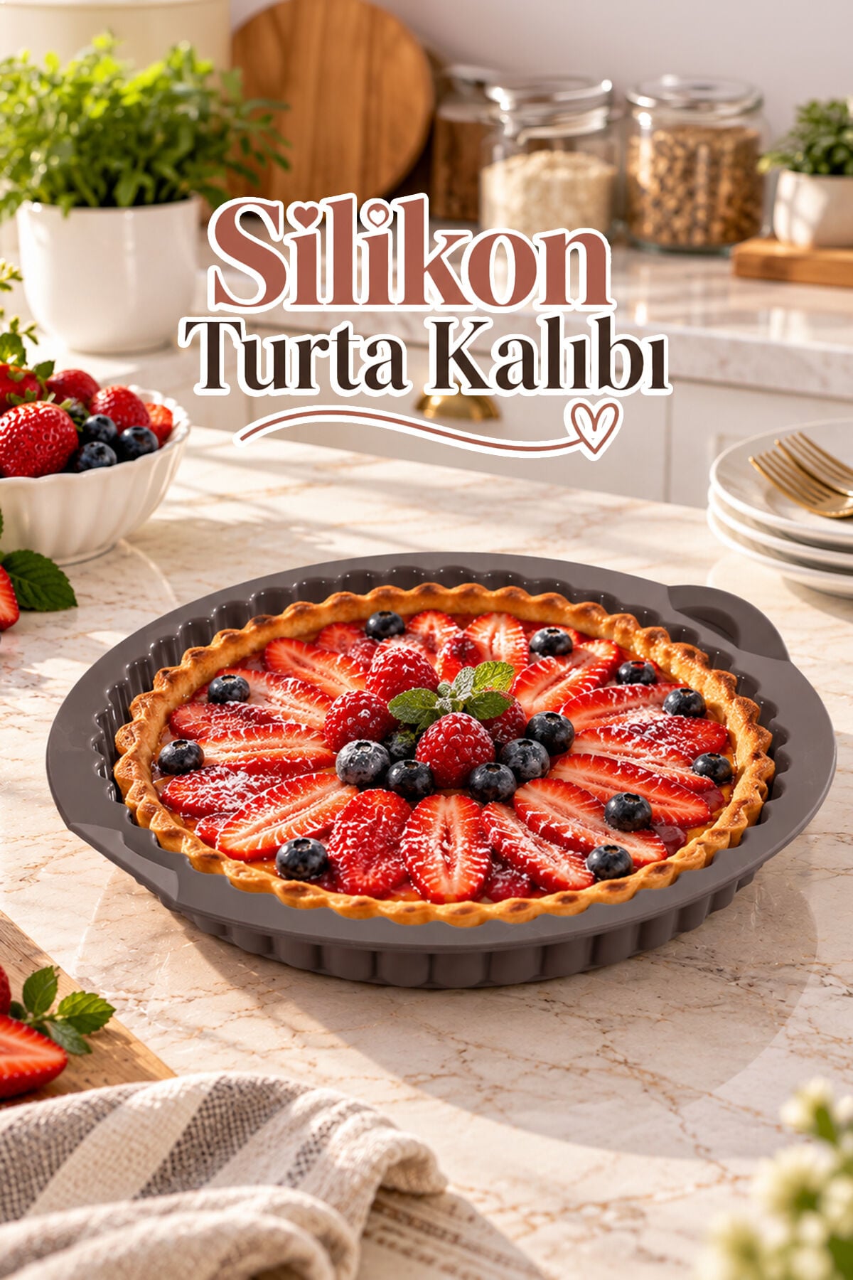 Porsima 30012-2 Silikon Turta Ve Tart Kalıbı XL 26 cm - Isıya Dayanıklı Yapışmaz Tırtıklı Kek Pişirme Kalıbı (Gri)