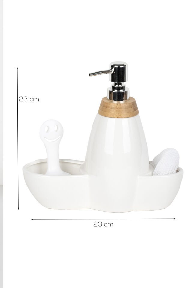 Porsima 5310825 Tezgah Üstü Beyaz Sıvı Sabunluk Fırçalı Süngerli Porselen Sabunluk 700ml 28cm