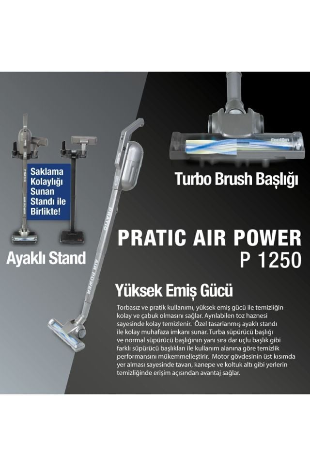 Fantom Pratic Aır Power P 1250 Siyah Torbasız Dönebilen Turbo Başlıklı Dikey Süpürge