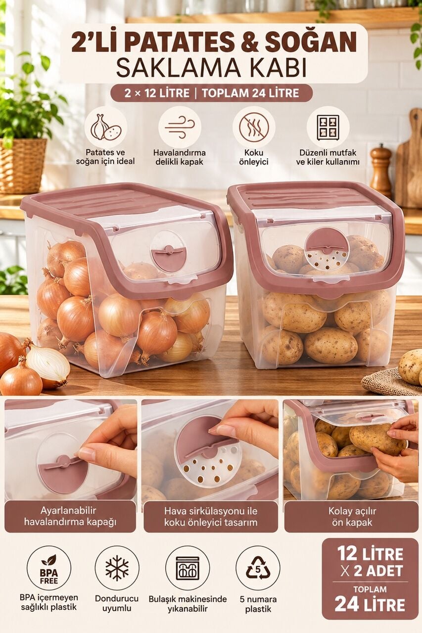 Porsima 1507 2'li Patates Soğan Saklama Kabı Seti 12 LT Pudra - Ayarlanabilir Havalandırmalı Mutfak & Kiler Düzenleyici