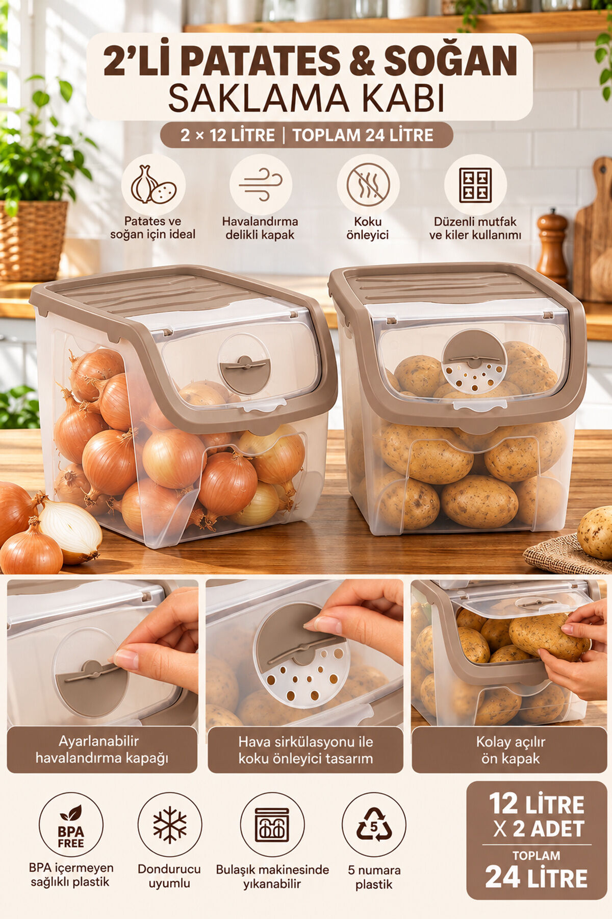 Porsima 1507 2'li Patates Soğan Saklama Kabı Seti 12 LT Cafe Latte - Ayarlanabilir Havalandırmalı Mutfak & Kiler Düzenleyici