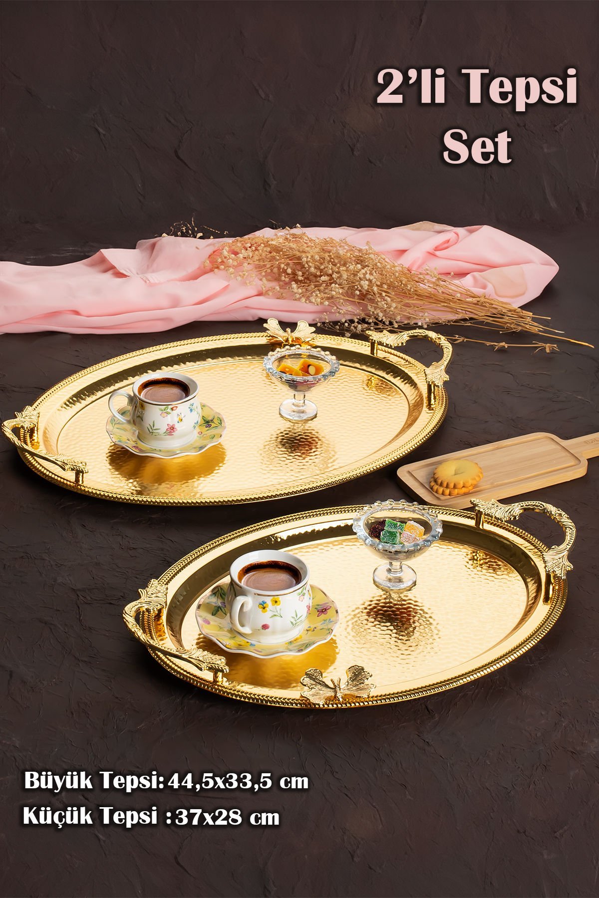 Porsima 3252 2li Gold Paslanmaz Çelik Kahve Tepsisi  Altın Detaylı Dekoratif Servis Sunum Tepsisi