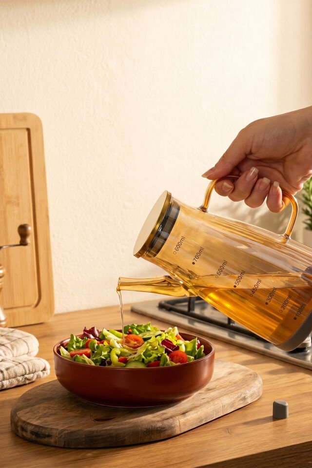Porsima Yh009-D01 Metal Kapaklı Vakumlu Ölçekli Borosilikat Renkli Cam Yağdanlık - Sızdırmaz Yağlık Sirkelik 800ml