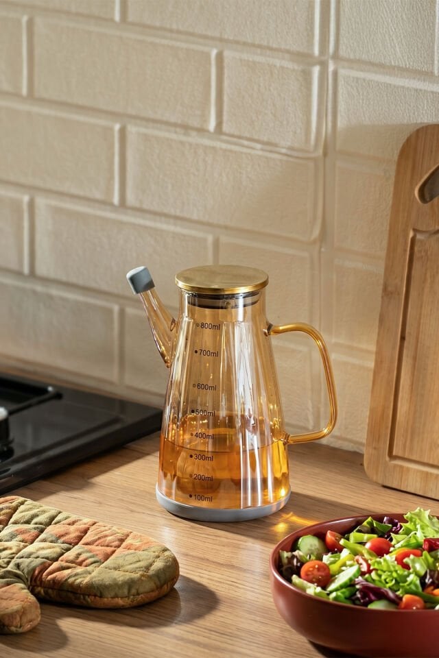Porsima Yh009-D01 Metal Kapaklı Vakumlu Ölçekli Borosilikat Renkli Cam Yağdanlık - Sızdırmaz Yağlık Sirkelik 800ml