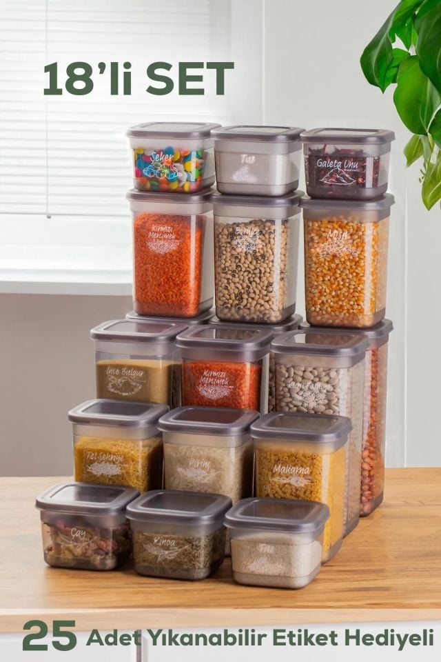 Porsima 433-GR-6 18 Li Kare Etiketli Gıda Erzak Baharat Saklama Kabı Seti 6x(0.60+1.30+1.90) Lt Gri