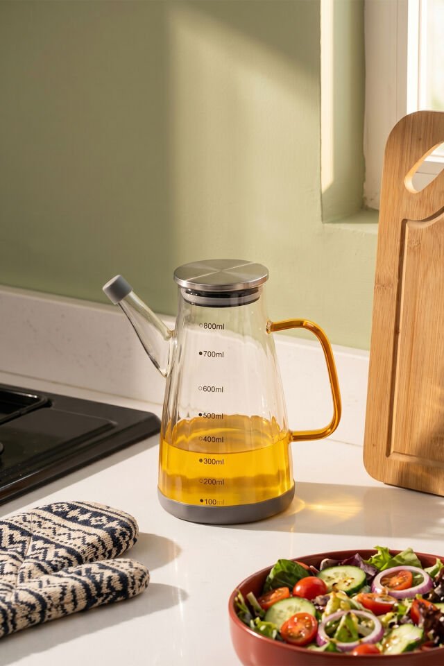 Porsima Yh009-D02 Metal Kapaklı Vakumlu Ölçekli Borosilikat Cam Yağdanlık - Sızdırmaz Yağlık Sirkelik 800ml