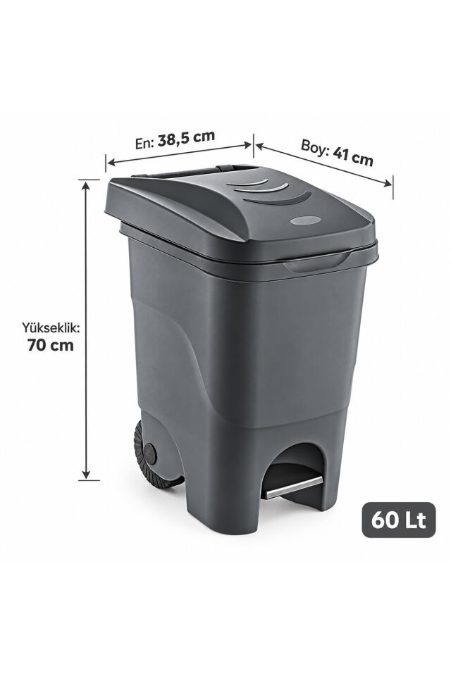 Porsima 1149 60 Lt Tekerlekli Pedallı Çöp Kovası - Büyük Boy Mutfak, Bahçe Ve Banyo Çöp Konteyneri (Koyu Gri / Antrasit)