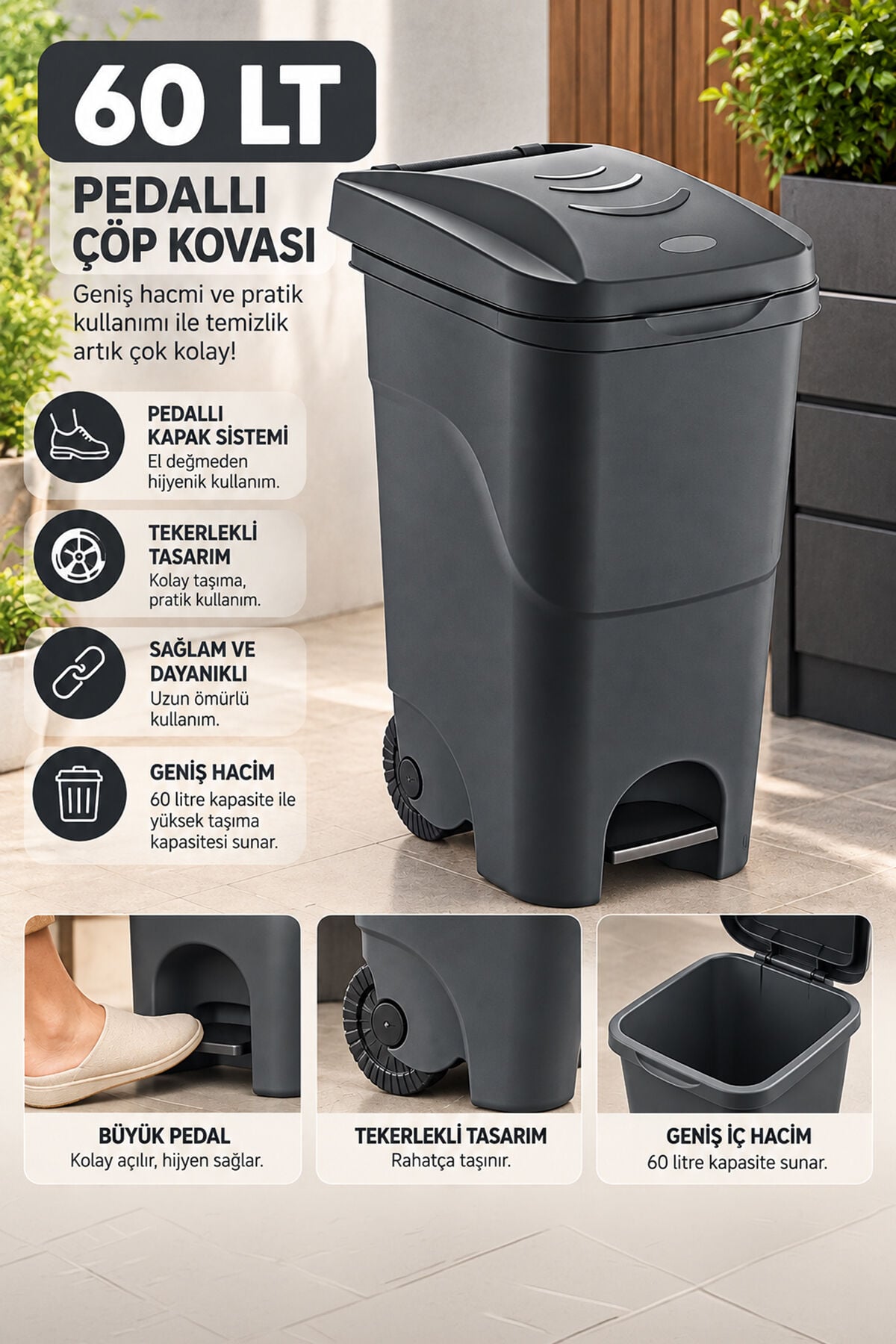 Porsima 1149 60 Lt Tekerlekli Pedallı Çöp Kovası - Büyük Boy Mutfak, Bahçe Ve Banyo Çöp Konteyneri (Koyu Gri / Antrasit)