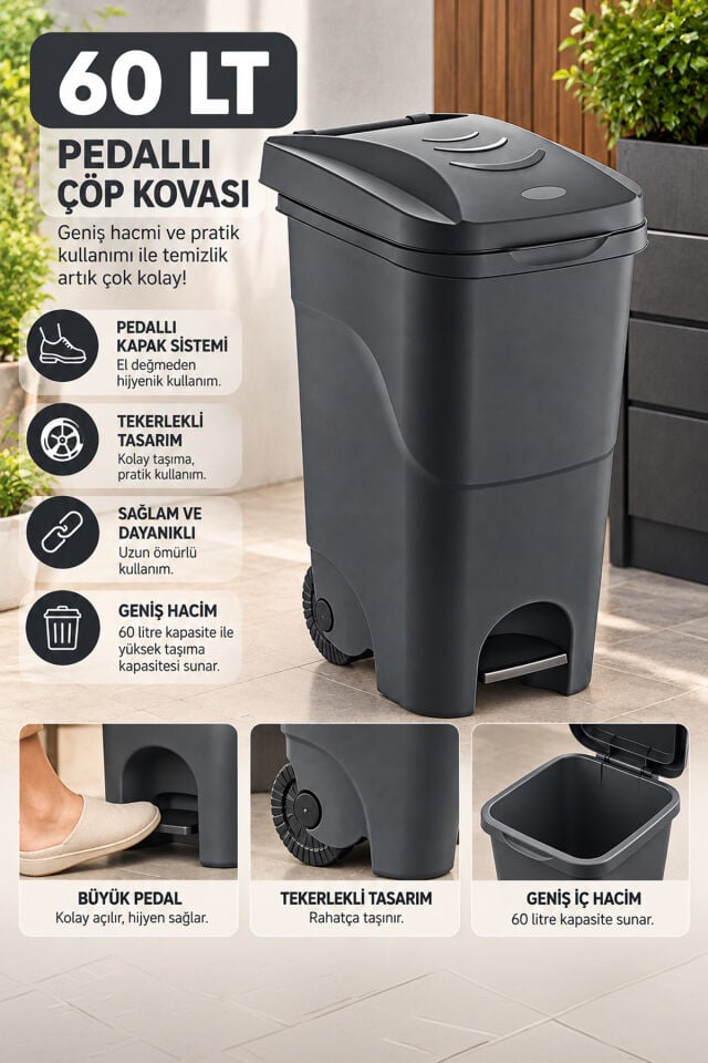 Porsima 1149 60 Lt Tekerlekli Pedallı Çöp Kovası - Büyük Boy Mutfak, Bahçe Ve Banyo Çöp Konteyneri (Koyu Gri / Antrasit)