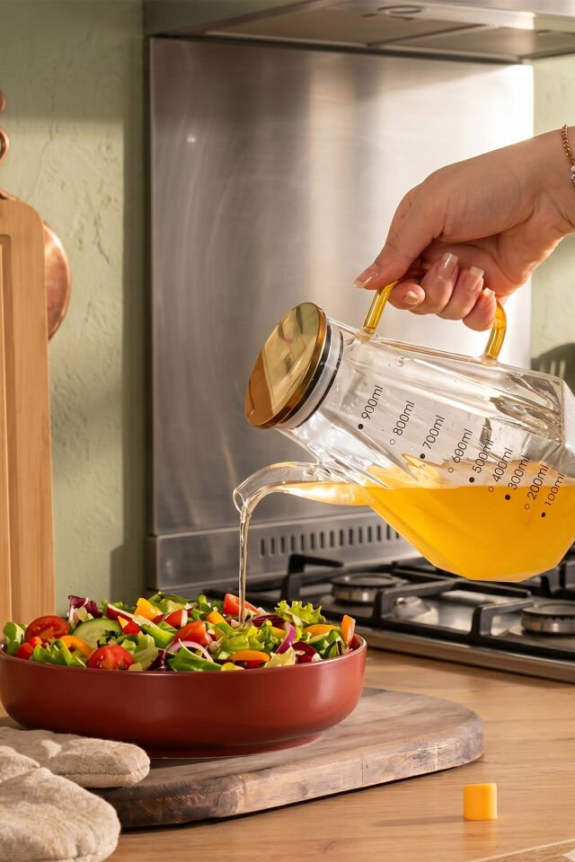 Porsima Yh003 Metal Kapaklı Vakumlu Ölçekli Borosilikat Cam Yağdanlık - Sızdırmaz Yağlık Sirkelik 900ml