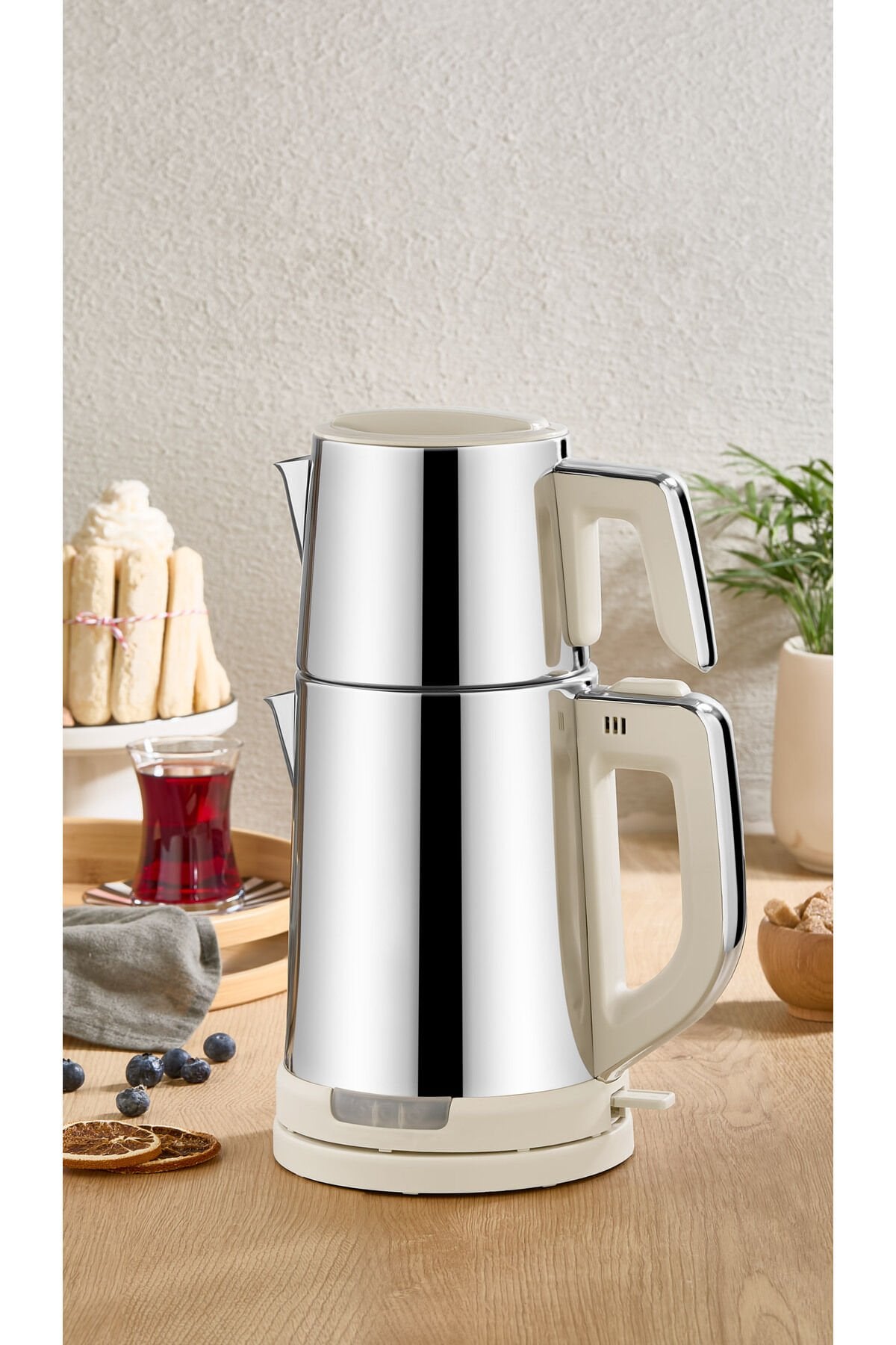 Özkent K-410-1 Gurme Çay Keyfi Paslanmaz Çelik Süzgeçli 1800W Krem 1,8+1 L