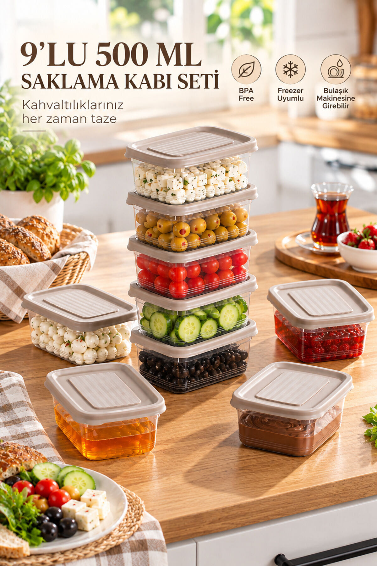 Porsima 1342 9'lu Festiva Saklama Kabı Seti 500 ML Cafe Latte - Şeffaf Kahvaltılık, Kuruyemiş & Erzak Saklama Kutusu