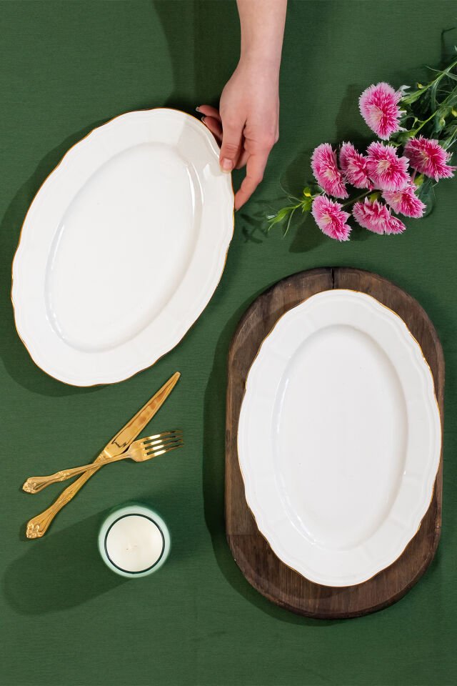 Porsima 4445 Tiffany Porselen Altın Fileli Kayık Tabak Seti - Oval Kahvaltılık Sunumluk Seti 30cm