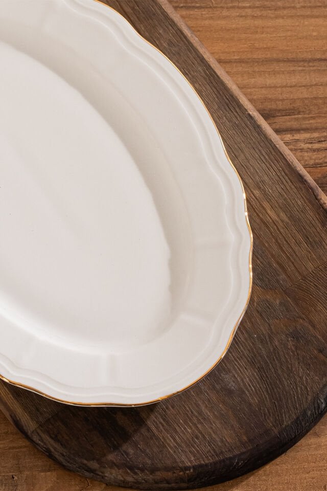 Porsima 4445 Tiffany Porselen Altın Fileli Kayık Tabak Seti - Oval Kahvaltılık Sunumluk Seti 30cm