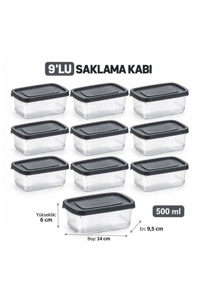 Porsima 1342 9'lu Festiva Saklama Kabı Seti 500 ML Koyu Gri - Şeffaf Kahvaltılık, Kuruyemiş & Erzak Saklama Kutusu