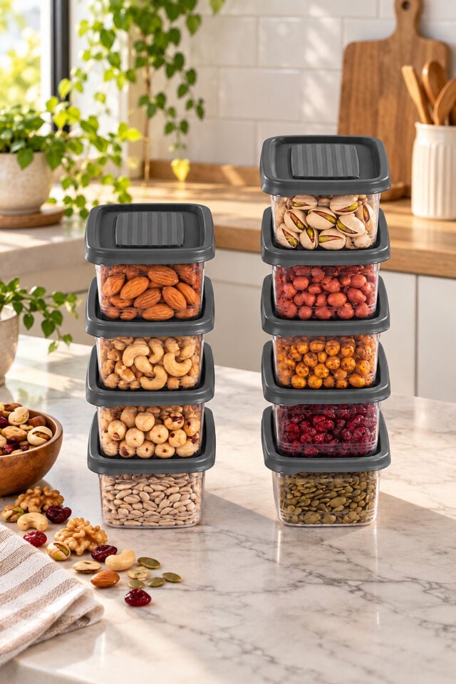 Porsima 1342 9'lu Festiva Saklama Kabı Seti 500 ML Koyu Gri - Şeffaf Kahvaltılık, Kuruyemiş & Erzak Saklama Kutusu