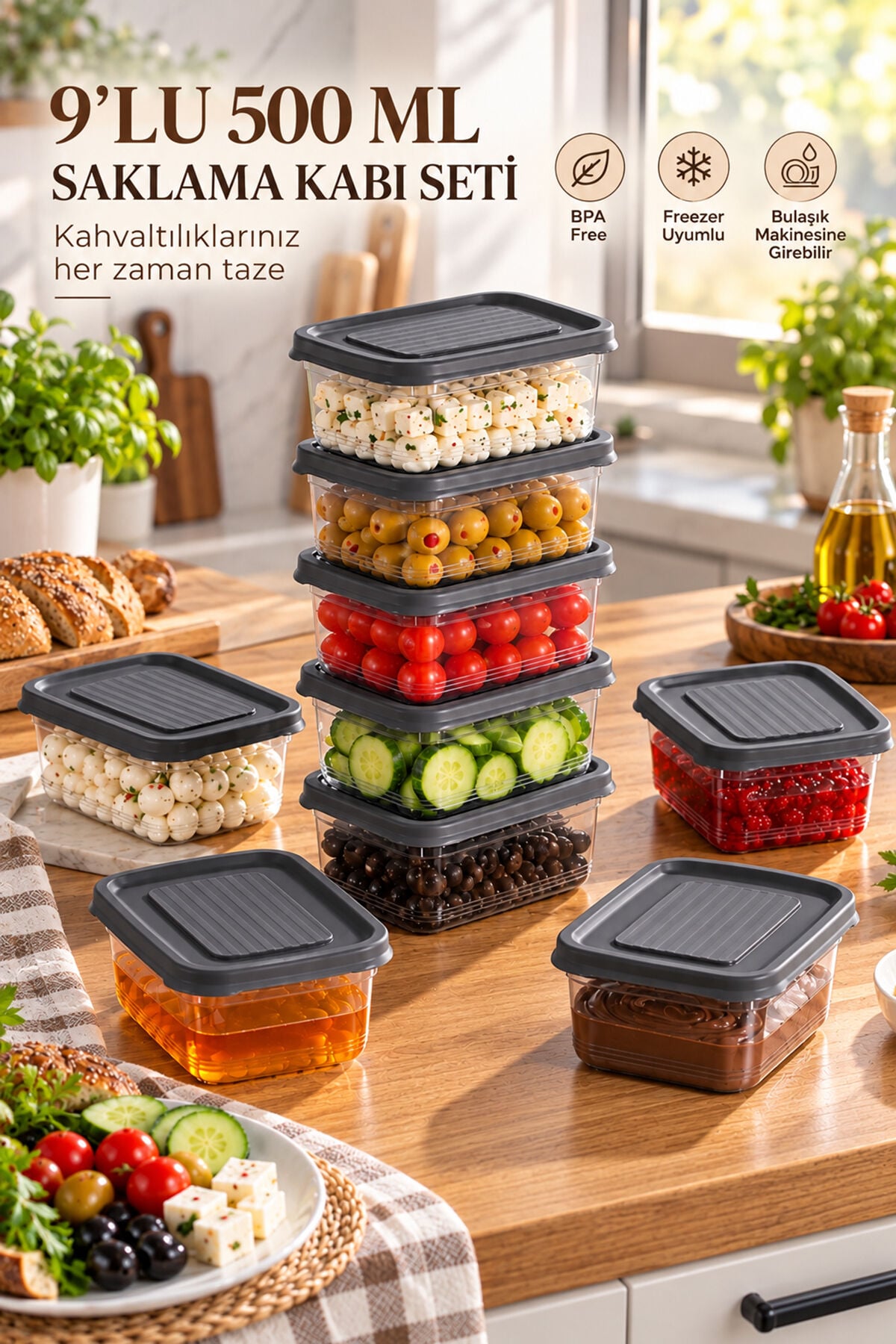 Porsima 1342 9'lu Festiva Saklama Kabı Seti 500 ML Koyu Gri - Şeffaf Kahvaltılık, Kuruyemiş & Erzak Saklama Kutusu