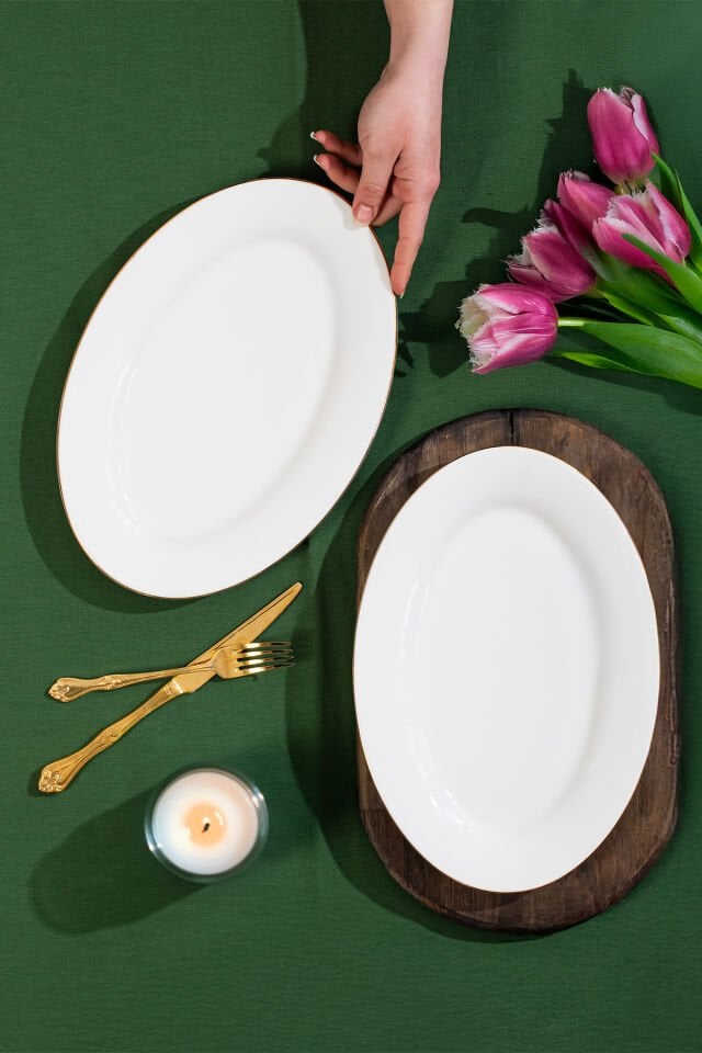 Porsima 4440 Gardenya Porselen Altın Fileli Kayık Tabak Seti - Oval Kahvaltılık Sunumluk Seti 30cm