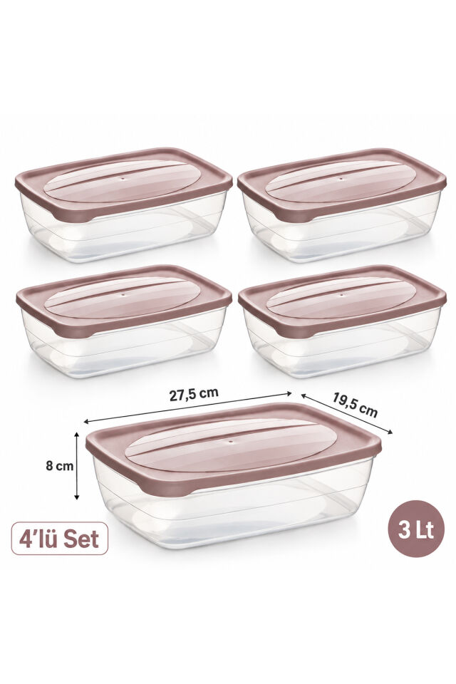 Porsima 1004 4'lü Dikdörtgen Saklama Kabı Seti 3 LT Pudra/Pembe - Şeffaf Buzdolabı İçi Sebze Meyve & Erzak Düzenleyici Kutu