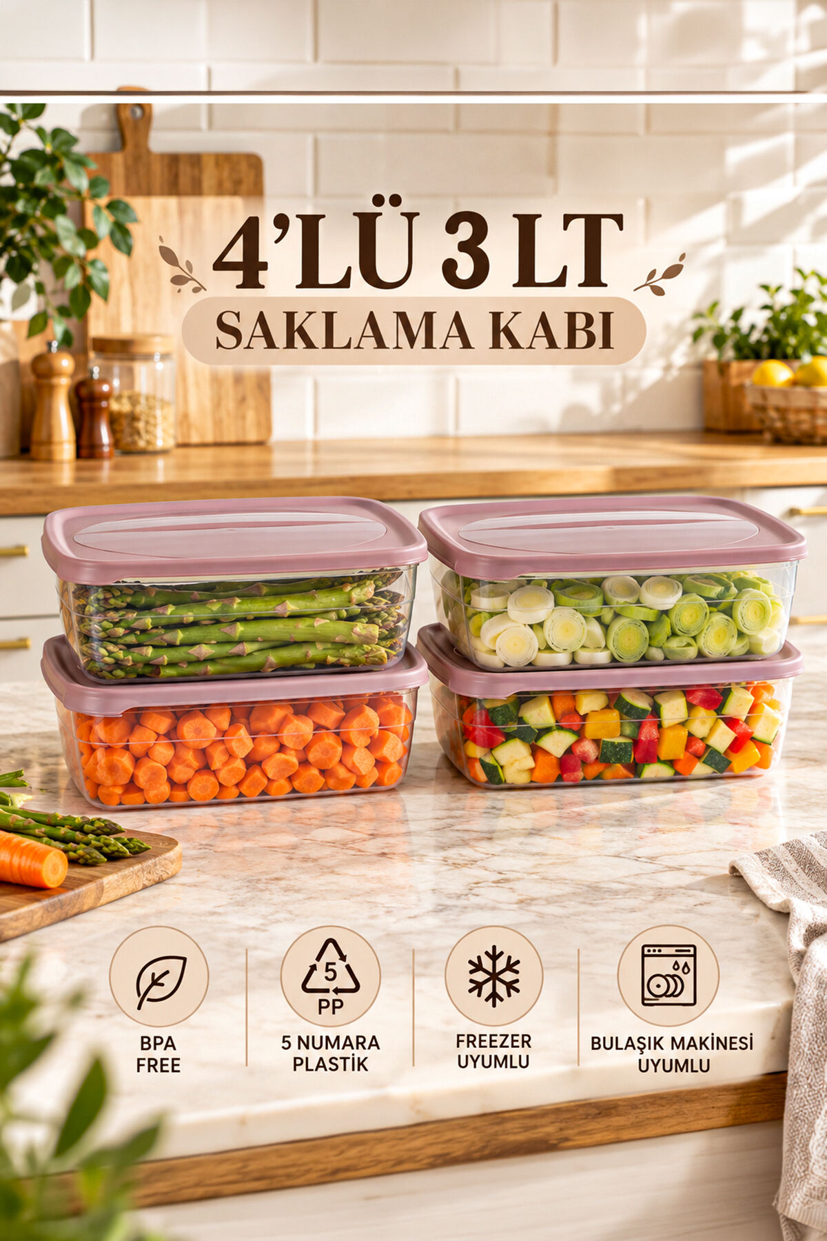 Porsima 1004 4'lü Dikdörtgen Saklama Kabı Seti 3 LT Pudra/Pembe - Şeffaf Buzdolabı İçi Sebze Meyve & Erzak Düzenleyici Kutu