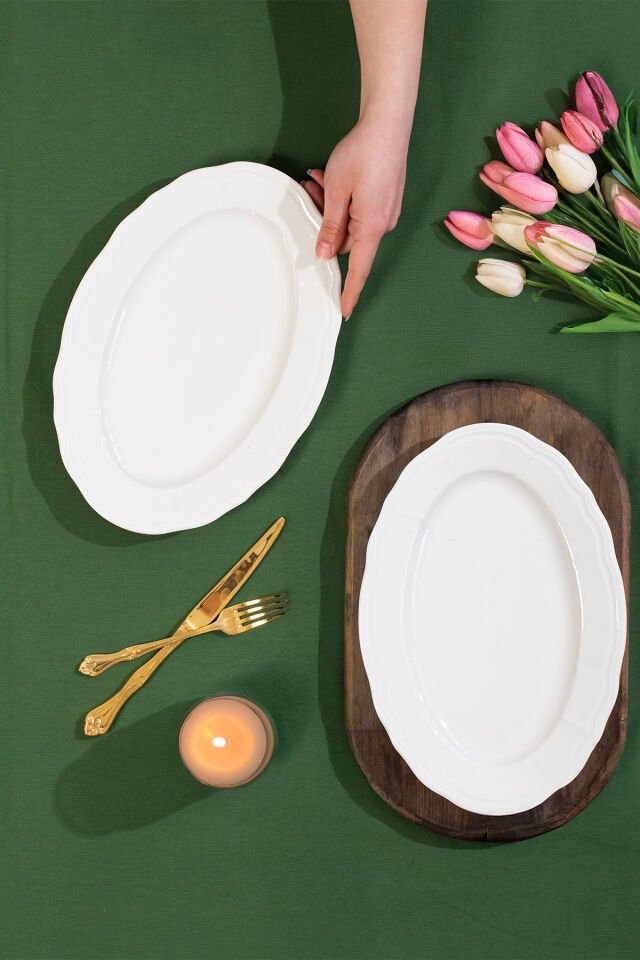 Porsima 4447 Tiffany Porselen Kayık Tabak Seti - Oval Kahvaltılık Sunumluk Seti 30cm