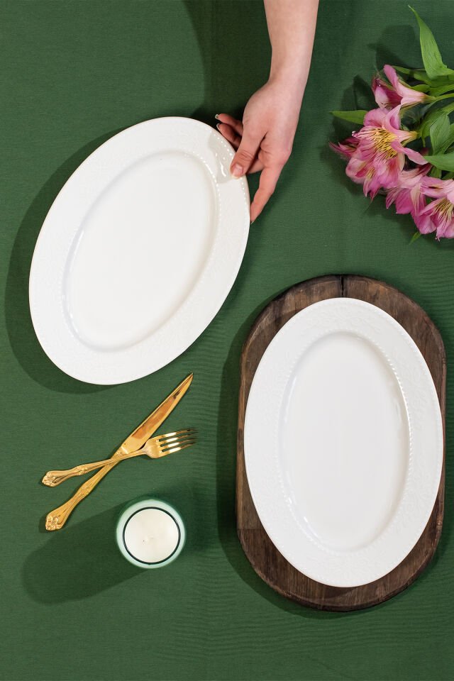 Porsima 4456 Burçak Porselen Kayık Tabak Seti - Oval Kahvaltılık Sunumluk Seti 30cm