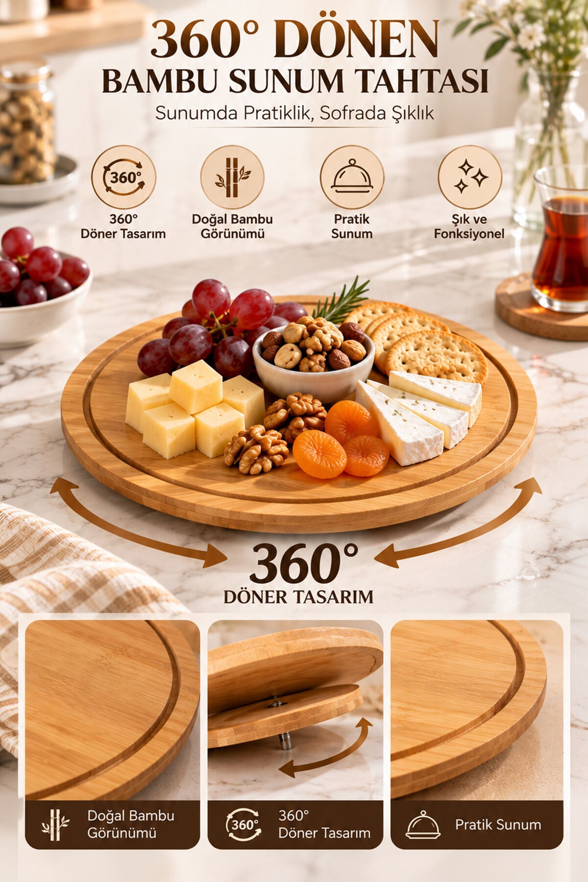 Porsima Pbt-342 360 Derece Döner Bambu Sunum Tepsisi 28 Cm - Yuvarlak Ahşap Peynir, Pasta & Kahvaltı Sunum Tahtası