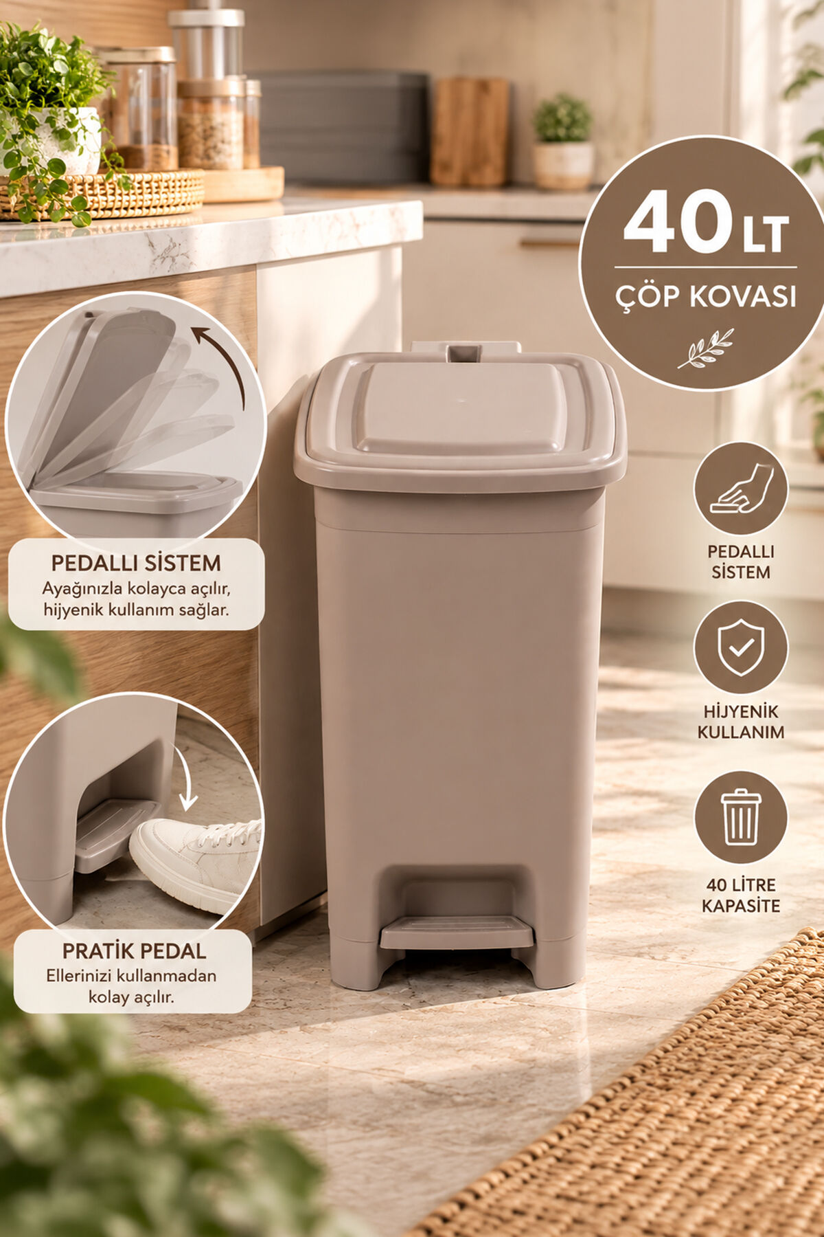 Porsima 1143 Slim Pedallı Mutfak Çöp Kovası 40 Lt - Geniş Hacimli Hijyenik Pedallı Çöp Kutusu (Cafe Latte)