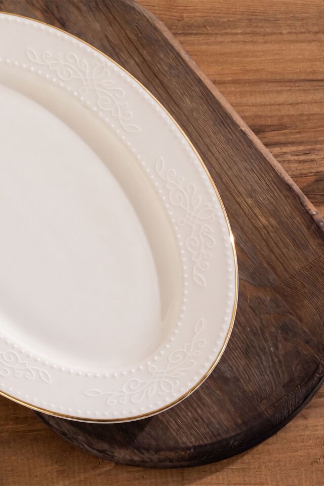 Porsima 4455 Burçak Porselen Altın Fileli Kayık Tabak Seti - Oval Kahvaltılık Sunumluk Seti 30cm