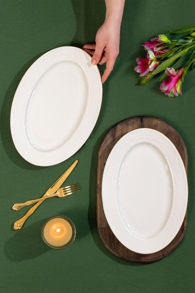 Porsima 4455 Burçak Porselen Altın Fileli Kayık Tabak Seti - Oval Kahvaltılık Sunumluk Seti 30cm
