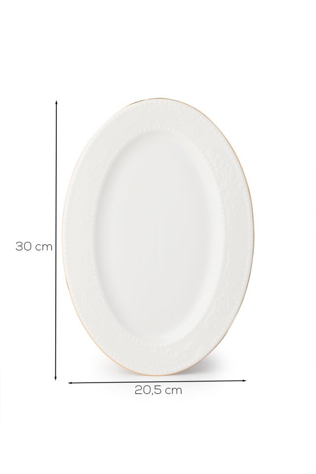 Porsima 4455 Burçak Porselen Altın Fileli Kayık Tabak Seti - Oval Kahvaltılık Sunumluk Seti 30cm