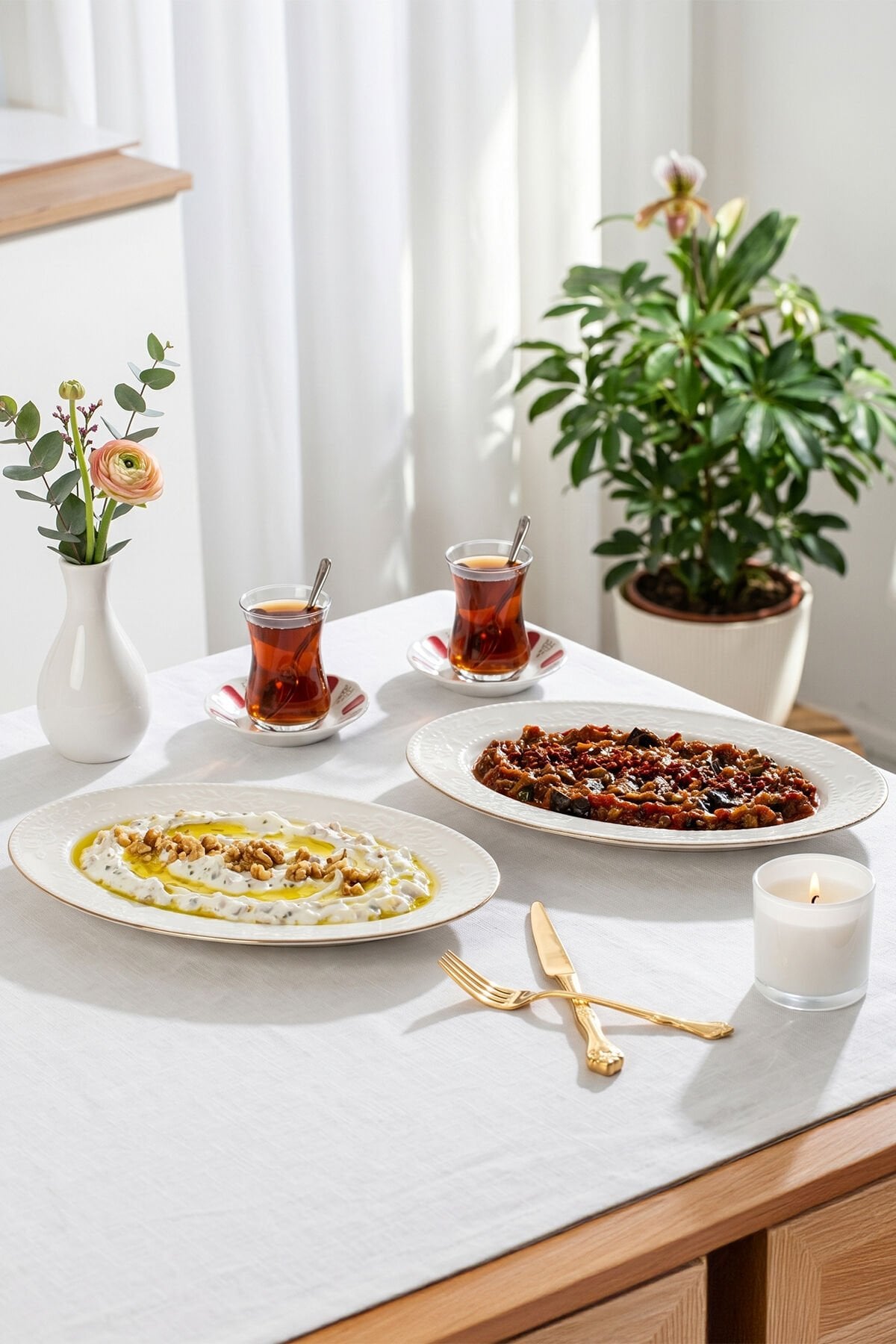 Porsima 4455 Burçak Porselen Altın Fileli Kayık Tabak Seti - Oval Kahvaltılık Sunumluk Seti 30cm
