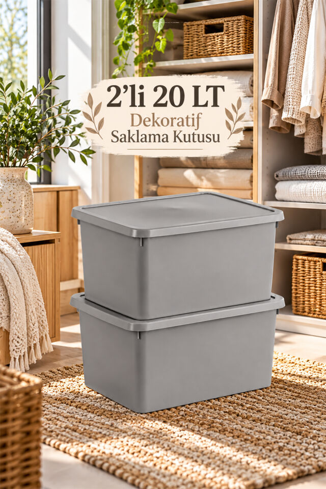 Porsima 1221 Storum 2'li Çok Amaçlı Dekoratif Saklama Kutusu Seti 20 Lt Koyu Cool Gri - Kapaklı Oyuncak, Giysi & Dolap İçi Düzenleyici Kutusu