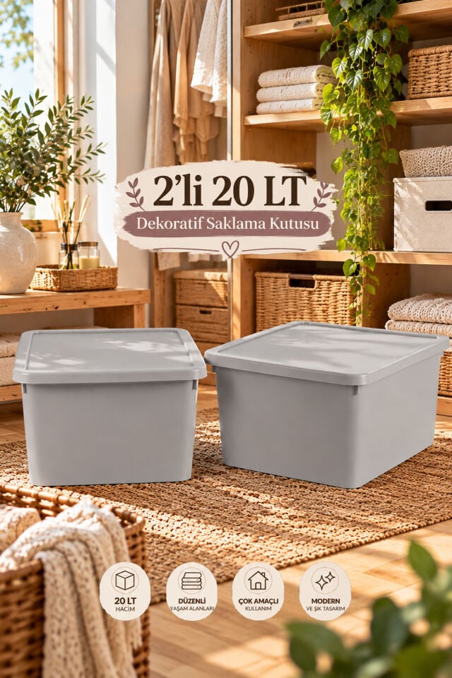 Porsima 1221 Storum 2'li Çok Amaçlı Dekoratif Saklama Kutusu Seti 20 Lt Koyu Cool Gri - Kapaklı Oyuncak, Giysi & Dolap İçi Düzenleyici Kutusu