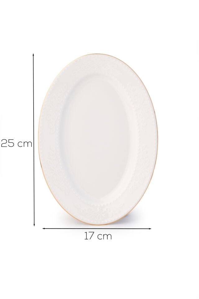 Porsima 4457 Burçak Porselen Altın Fileli Kayık Tabak Seti - Oval Kahvaltılık Sunumluk Seti 25cm
