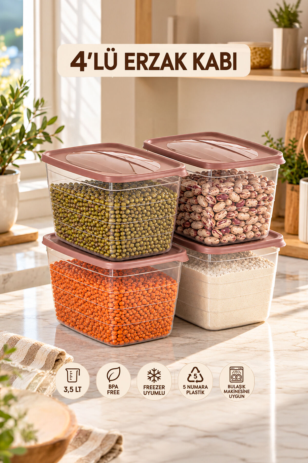 Porsima 0998 4'lü Dikdörtgen Erzak Saklama Kabı Seti 3,5 LT Pudra - Şeffaf Bakliyat, Un & Mutfak Düzenleyici Kutu