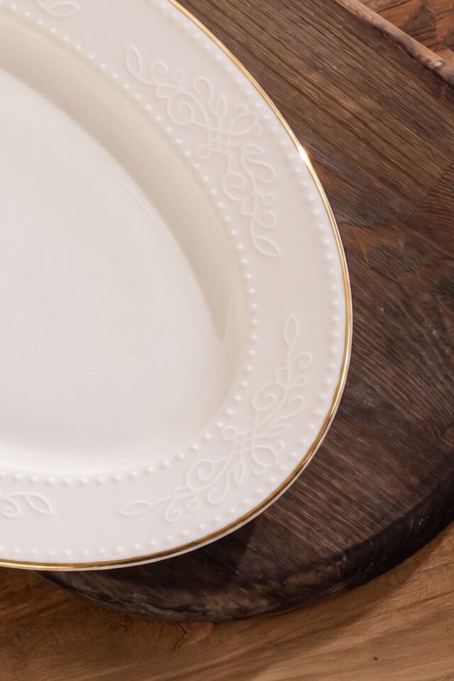 Porsima 4457 Burçak Porselen Altın Fileli Kayık Tabak Seti - Oval Kahvaltılık Sunumluk Seti 25cm