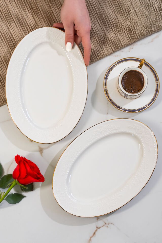 Porsima 4457 Burçak Porselen Altın Fileli Kayık Tabak Seti - Oval Kahvaltılık Sunumluk Seti 25cm