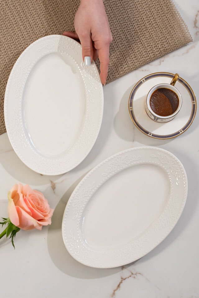 Porsima 4459 Burçak Porselen Kayık Tabak Seti - Oval Kahvaltılık Sunumluk Seti 25cm