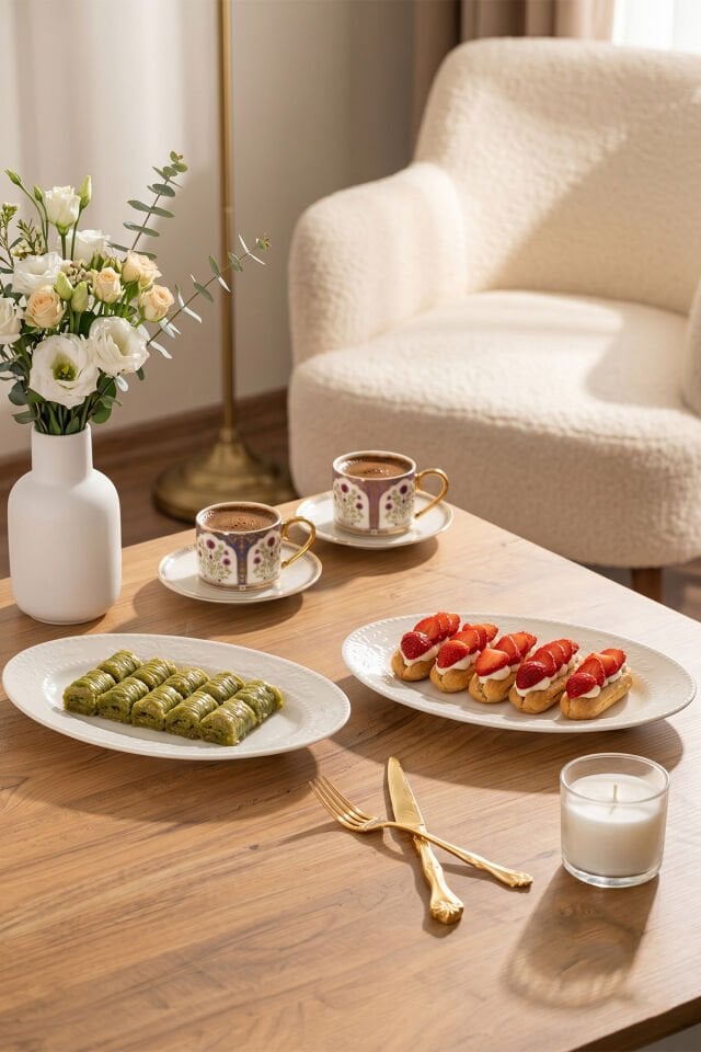 Porsima 4459 Burçak Porselen Kayık Tabak Seti - Oval Kahvaltılık Sunumluk Seti 25cm