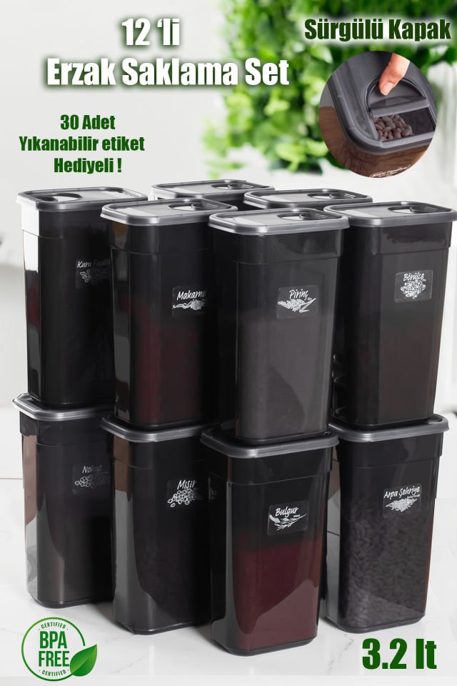 Porsima 2046 Etiketli 3,2 Litre 12Li Saklama Kabı Bakliyat Saklama Kabı Erzak Saklama Kabı Seti - Siyah