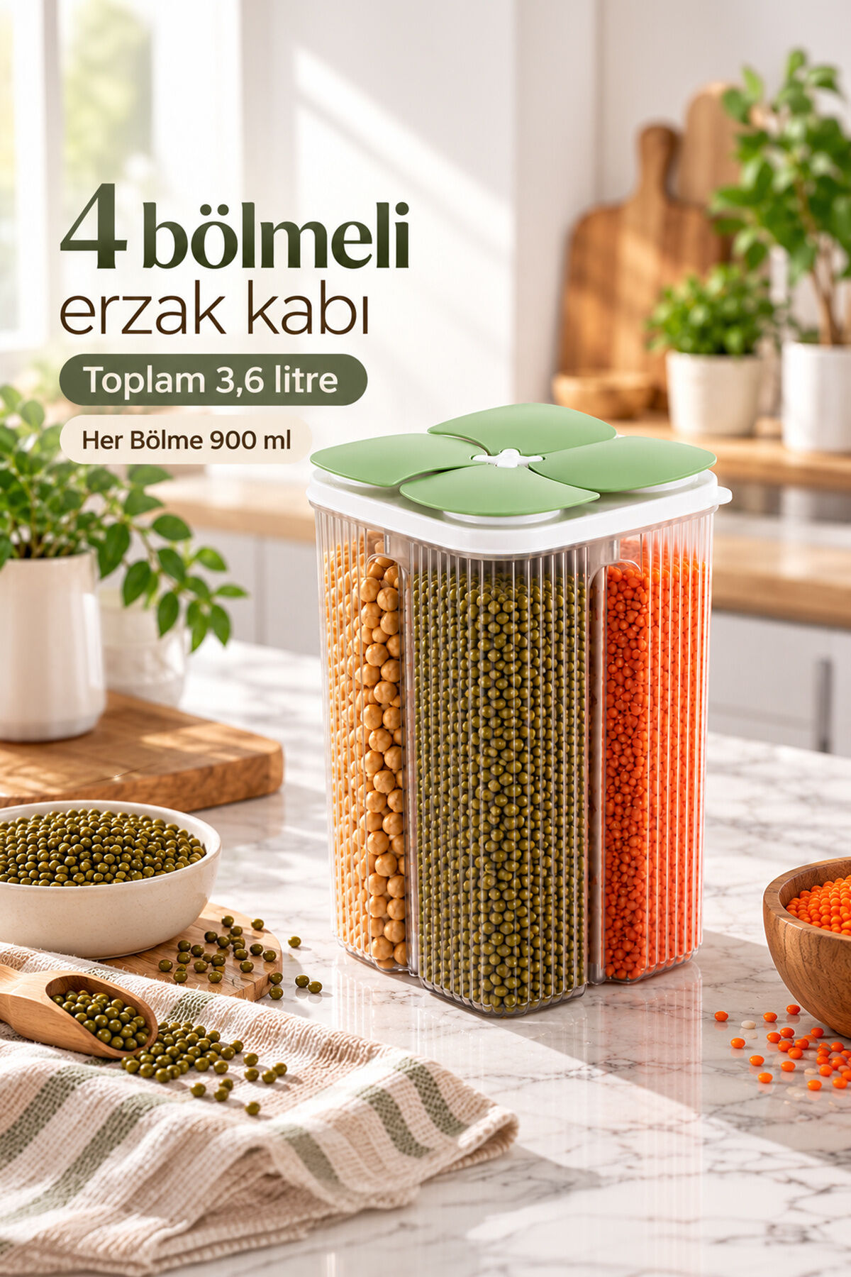 4 Bölmeli Erzak ve Bakliyat Kavanozu 3.6 Lt - Döner / Bağımsız Kapaklı Şeffaf Kiler Saklama Kabı (Yeşil)